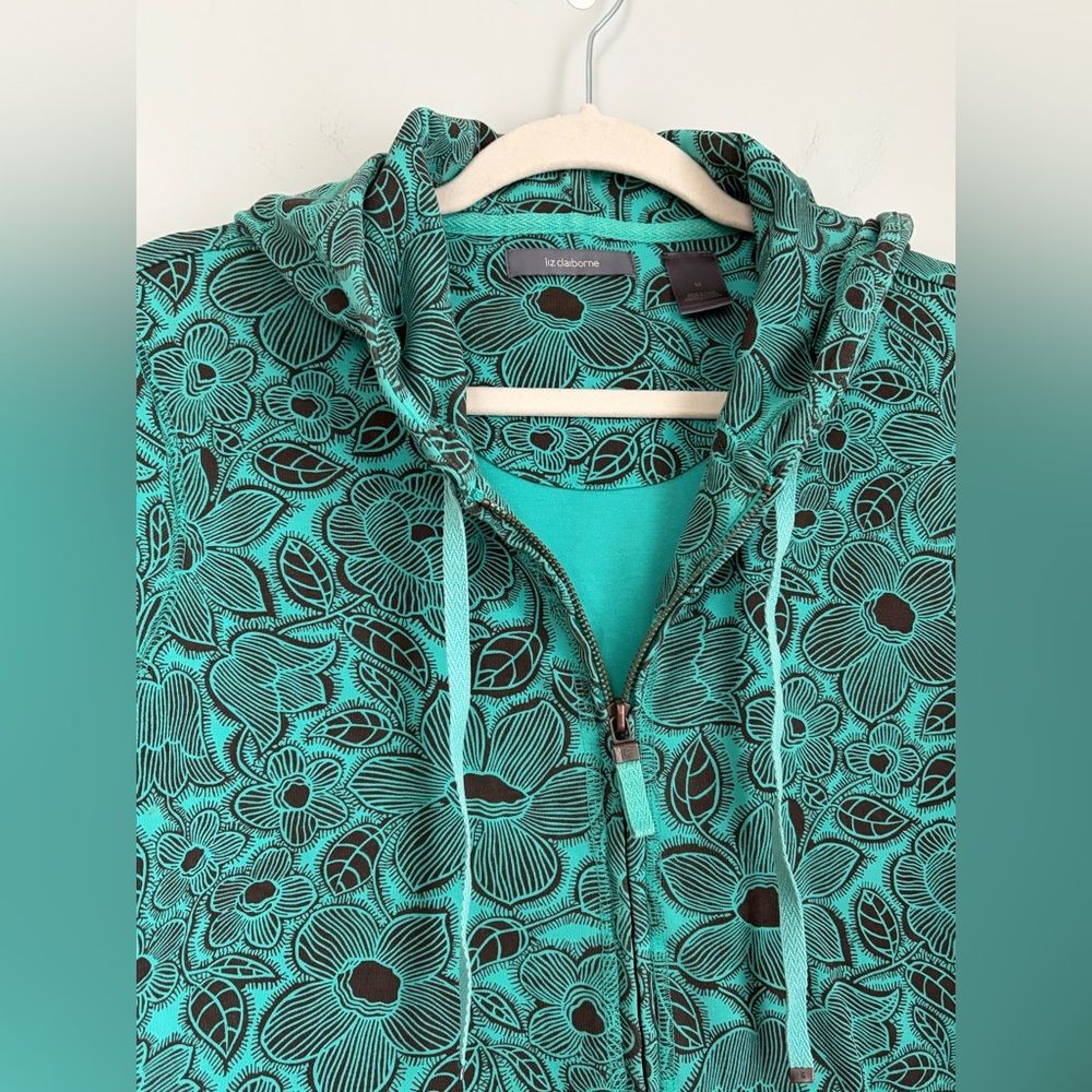 Liz Claiborne Teal and Brown Floral‎ Stretch Hoodie, Size Medium - Picture 13 of 13